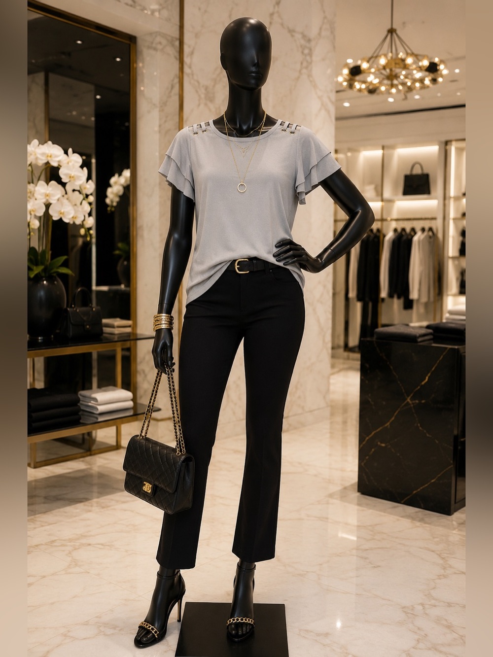 Gray Womens Short Sleeve Top with Shoulder Ring Detail